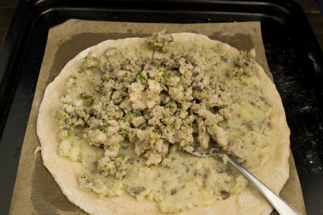 Выкладываем мясной фарш на картофель с грибами